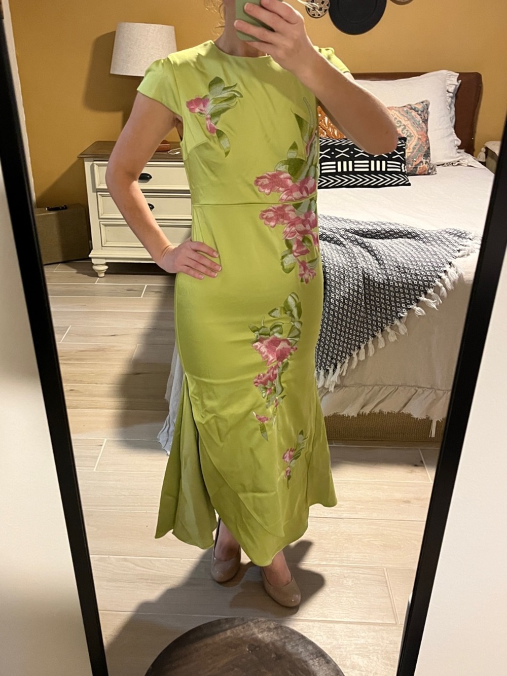 Fehaute Sage Green Floral Dress with Cap Sleeves